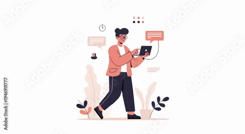 Person using a tablet device while walking amidst plants, with speech bubbles indicating communication