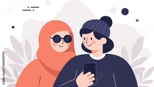 Two diverse friends are captured in a joyful selfie moment, surrounded by abstract shapes and foliage