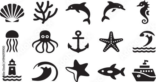 A comprehensive collection of various marine life and nautical themed flat black vector icons perfect for ocean exploration designs