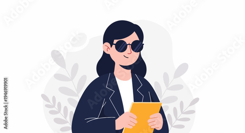 Cartoon illustration of a woman in sunglasses holding a tablet, with minimalist foliage in the background