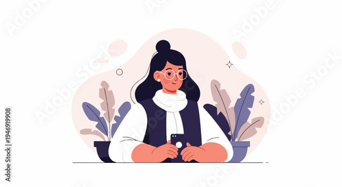 Woman wearing glasses and a scarf holds a phone amidst plants