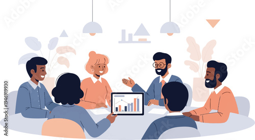 Diverse group collaborates in a modern meeting room, discussing business growth