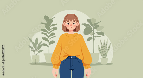 Young woman in yellow sweater and blue jeans, with houseplants, minimalist style