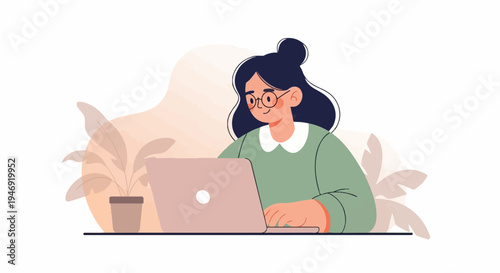 A person with glasses and dark hair in a bun works on a laptop, surrounded by plants