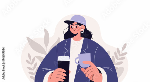 Person wearing a cap and glasses, holding two mugs, with abstract plant shapes in background