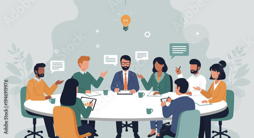 Diverse group of professionals in a meeting, discussing ideas around a table with a glowing lightbulb above