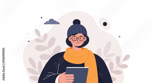 Flat illustration of a young person in winter attire holding a tablet