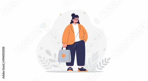 Stylish person in an orange blazer and navy pants holds a briefcase with a hint of greenery