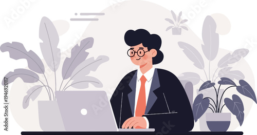 Stylized illustration of a person in a suit working on a laptop amidst tropical plants