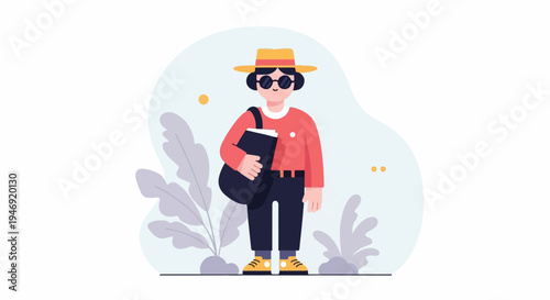 A person in a straw hat and sunglasses stands with a bag, surrounded by abstract plant shapes