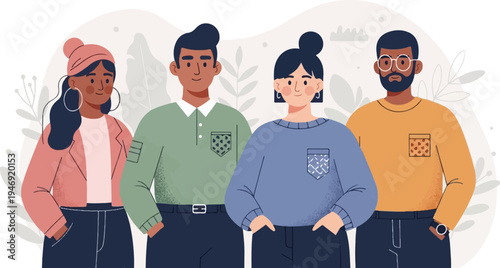 Four diverse individuals stand together, their unique styles reflecting a modern, casual aesthetic