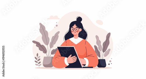Cheerful person in glasses with dark hair works on a tablet amidst potted plants