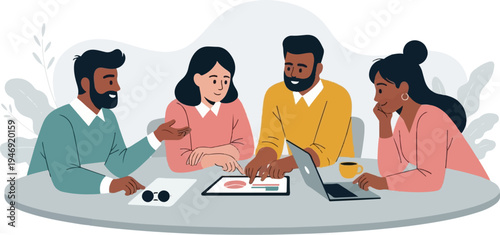 Diverse professionals collaborate around a table with a tablet and laptop