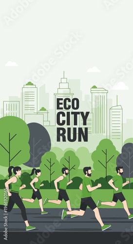 Eco City Run: Vibrant Illustration Showcasing Fitness, Nature, and Urban Sustainability Initiatives
