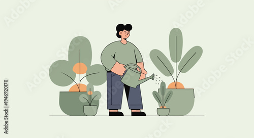Person watering potted plants amidst abstract foliage