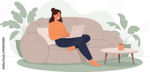 Woman on sofa with laptop, plants, and coffee cup