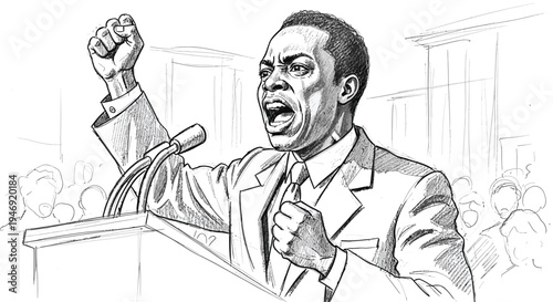 Man Giving Motivational Speech at Podium.