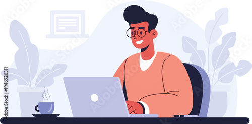 A man with glasses happily works on a laptop, with a steaming coffee and plants