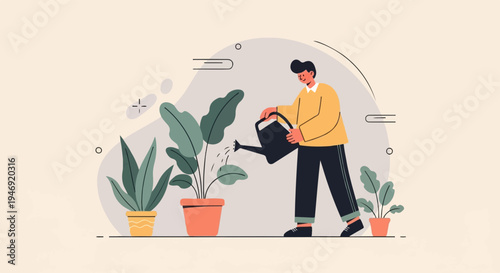 Person watering plants in pots with a watering can