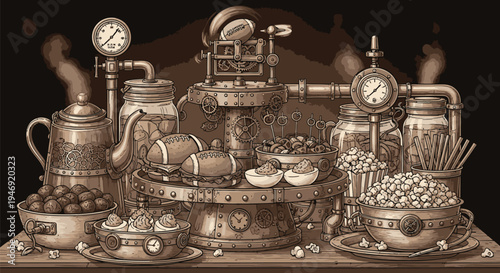 Vintage Steampunk Coffee Machine with Accessories.