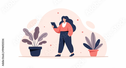 Woman with long dark hair in a coral top and dark pants holds a tablet, surrounded by plants