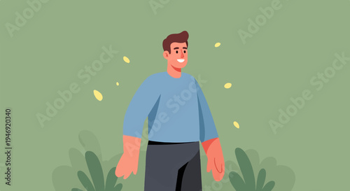 Cheerful man in blue shirt and gray pants stands outside amidst green foliage and yellow dots