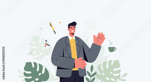 Smiling man in a suit, waving hello, with plants and coffee