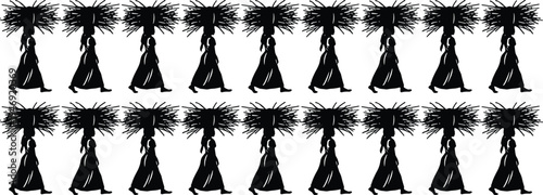 Black silhouette of African women carrying firewood on heads cad drawing flat vector illustration walking isolated on a white background