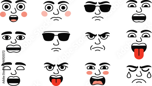 A diverse collection of twelve expressive cartoon faces showcasing a wide range of human emotions and feelings on a clean white background