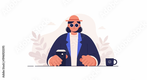 Person in hat and sunglasses holding coffee cup with mug nearby