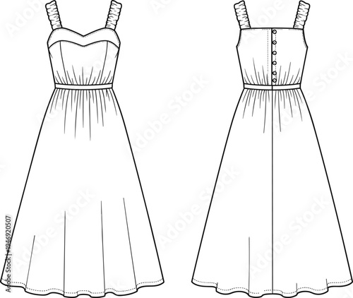 Sweetheart, neckline, midi, dress, front, back, view, fashion, technical, drawing, line, art, illustration, women, clothing, sleeveless, design, template, garment, vector