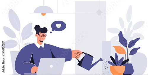 Person at laptop waters plants, a heart icon appears in a speech bubble