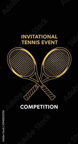 Elegant Tennis Event Invitation: Gold Rackets Against Black Background for Competitive Sports