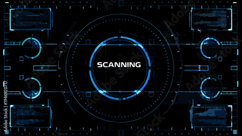 Futuristic scanning interface with glowing blue lines and a central display