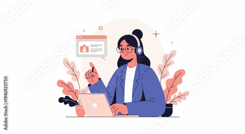 Person with headphones and laptop, engaged in online communication, surrounded by abstract plants