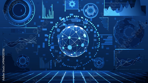 Abstract digital background with glowing network connections and data visualizations
