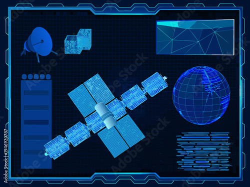 Blue digital illustration of satellites a globe and communication technology