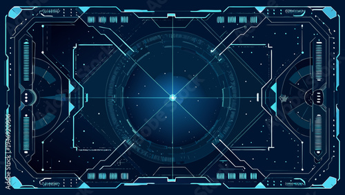 Futuristic interface with a central targeting reticle and complex geometric patterns