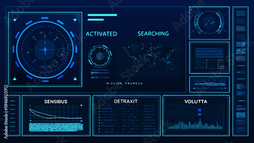 Futuristic interface displaying activated systems searching and global data visualizations