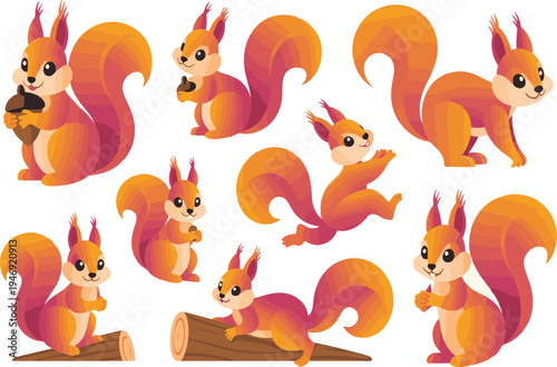An adorable collection of cute cartoon squirrels with fluffy tails in various playful poses holding nuts and logs isolated on transparent background