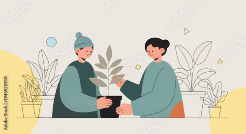 Two people tending to a potted plant with other plants in the background