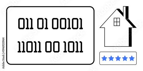 Technology concepts, smart systems, data coding, digital ratings, home automation, customer reviews. Binary code beside a house icon with five-star rating. Smart systems and digital ratings concept
