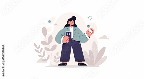 Woman in suit holding digital device and object, surrounded by plants and clouds