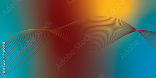 Glowing marron, yeallow, and LightSeaGreen flowing ribbons sweeping through a dark mysterious background scattered with tiny sparkling particles, futuristic digital tech style, vector illustration.