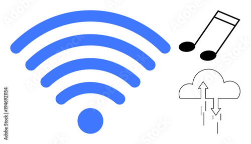 Wireless music streaming. Wireless symbol, music note, and cloud sharing icon seamless music streaming. Wireless enhancing entertainment and cloud sync. For apps, music services, media sharing, data