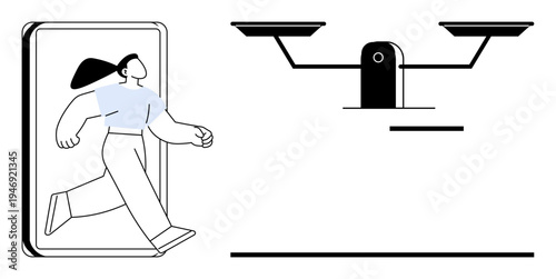 Digital justice, online law, ethics, technology, fairness, innovation. A person stepping out of a screen next to digital scales. Digital justice and online law concept