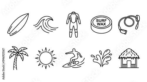 A clean, outline-style icon set featuring elements of surfing, including a surfboard, wave, wetsuit, wax, leash, palm tree, sun, surfer, water splash, and hut.