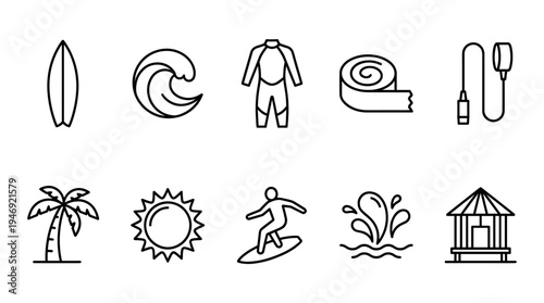 A clean black and white outline icon set featuring surfing and beach elements, perfect for web design, apps, or print.