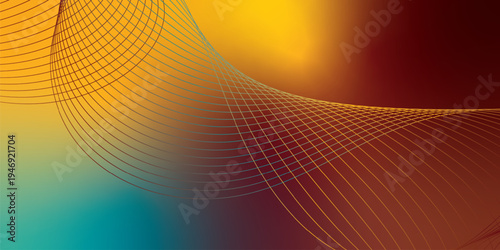 Glowing marron, yeallow, and LightSeaGreen flowing ribbons sweeping through a dark mysterious background scattered with tiny sparkling particles, futuristic digital tech style, vector illustration.