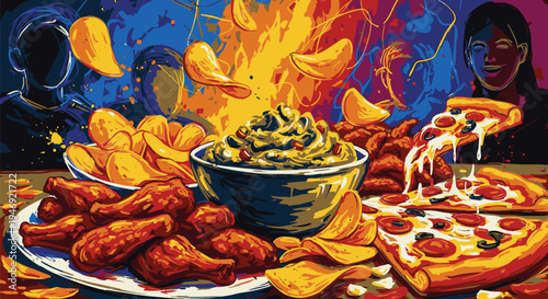 Vibrant Mexican Food Fiesta with Nachos and Pizza.